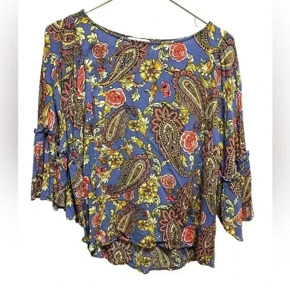 est 1946 Tops - EST. 1946 purple and gold floral belle sleeve top
